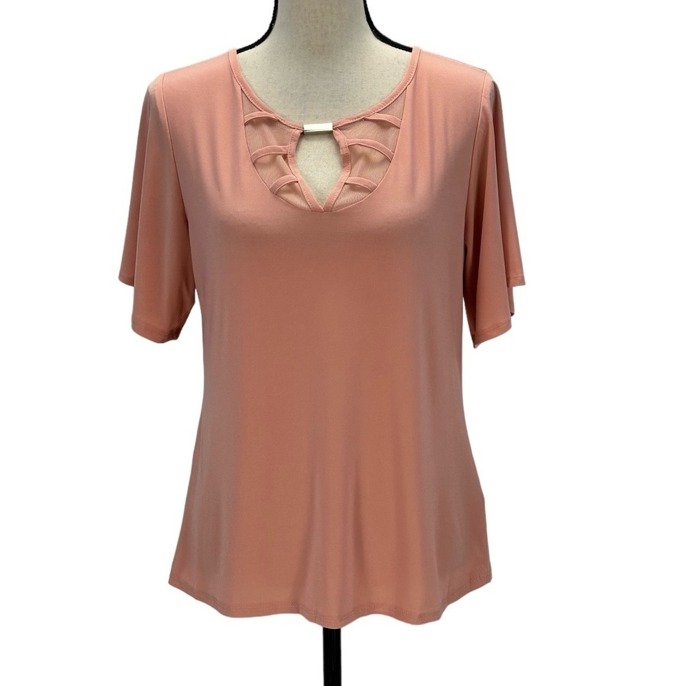NY Collection Short Flutter Sleeve Mesh Neck Metal Detail Top - Pink - size PL